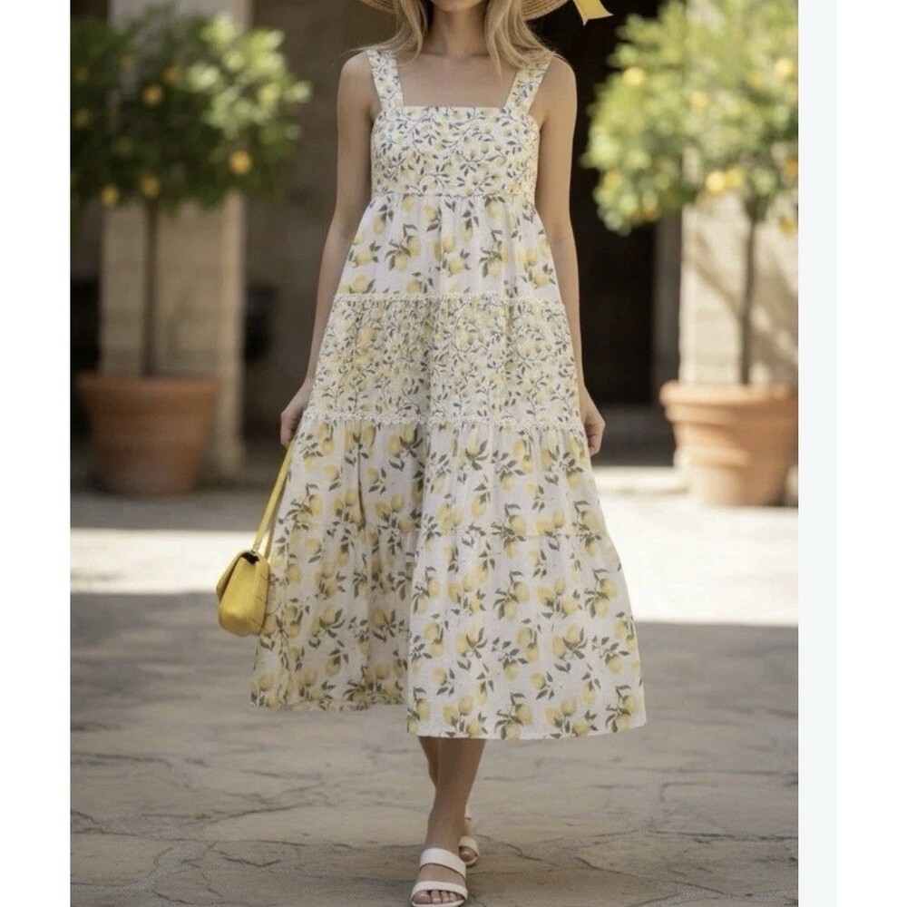 Haute Hippie Style  Midi Lined Dress Size 8 Tiered Sundress Lemons Print New